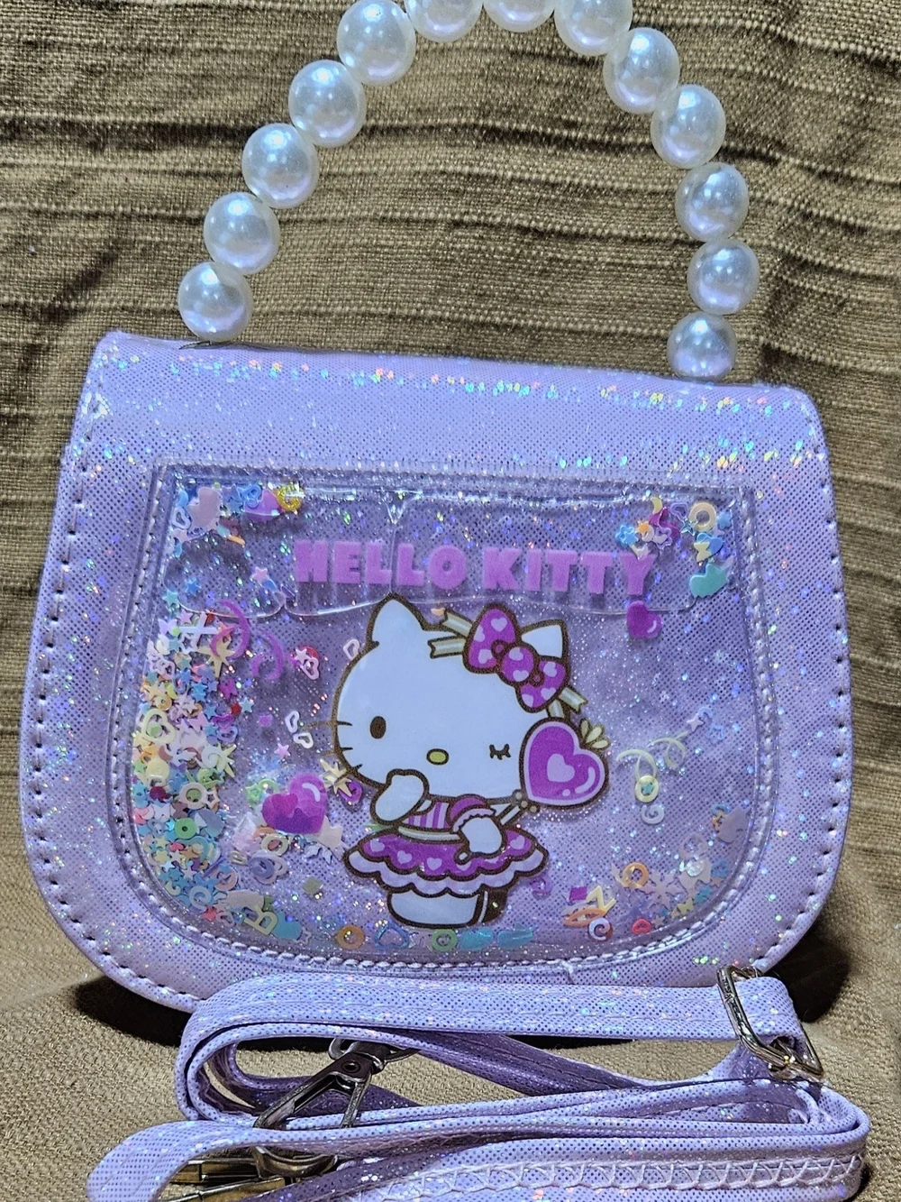 Hello Kitty Purple Glitter Kids Purse with Pearl Handle